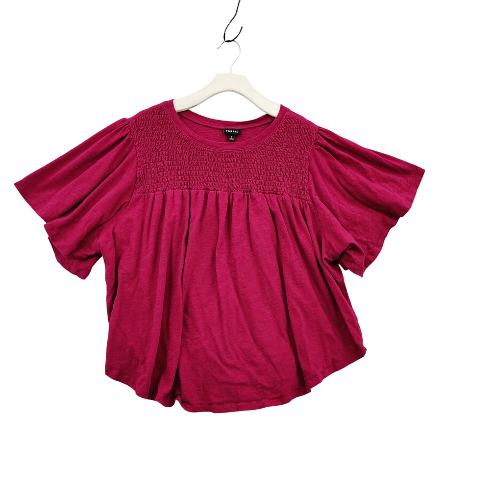 Torrid Womens Boho Cottagecore Cotton Peplum Top 3 Pink Smocked Flutter Sleeve